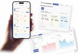 SlitherSense reptile habitat monitoring dashboard on smartphone and desktop, tracking temperature and humidity for enclosures